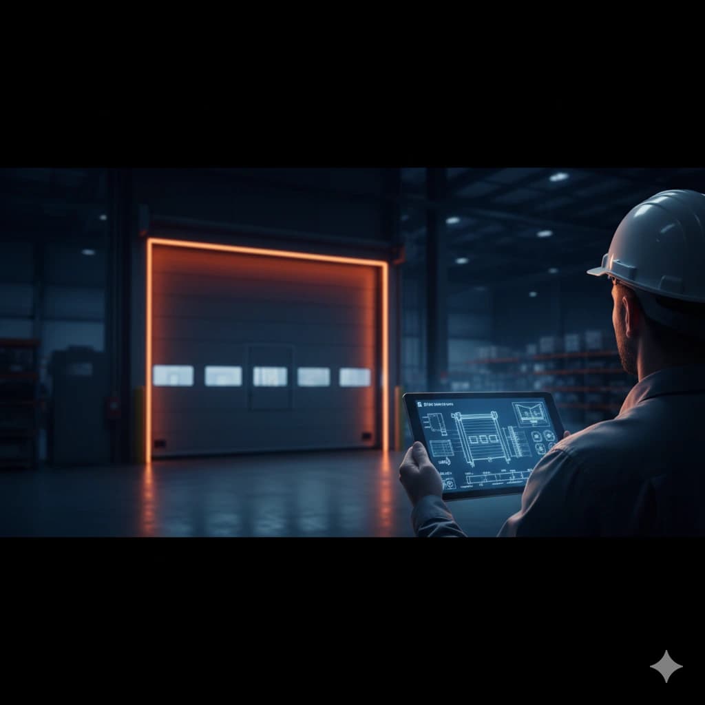 Engenheiro fazendo dimensionamento técnico de porta industrial para orçamento
